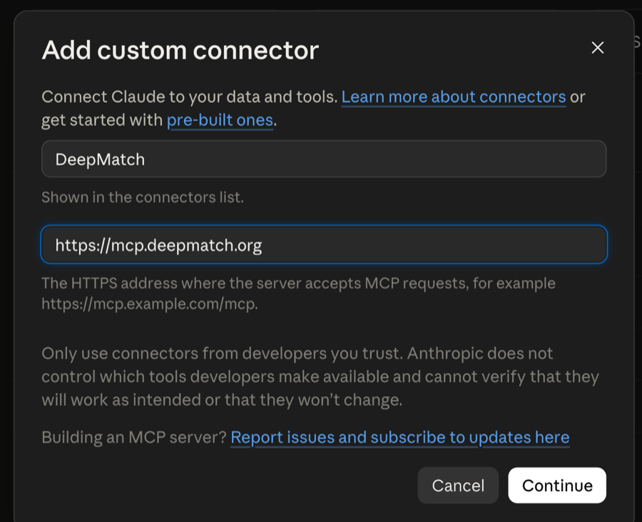 The Add custom connector dialog in Claude, with the name set to DeepMatch and the address set to https://mcp.deepmatch.org